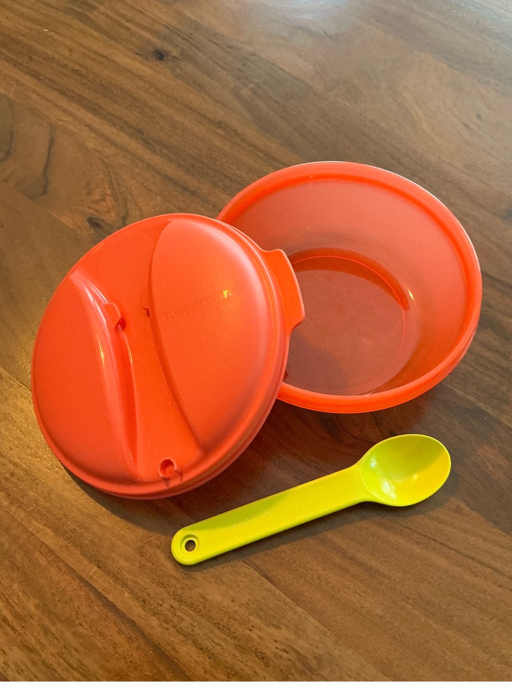 Tupperware Lunch Bowl with Yellow Spoon - Coral Orange